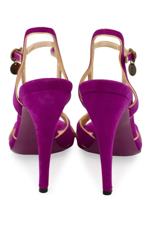 Purple suede open toe high heel sandals with gold leather lining