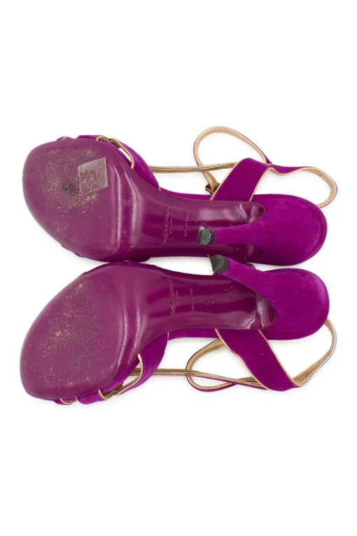 Purple suede open toe high heel sandals with gold leather lining