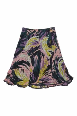 Purple viscose fully-fashioned pointelle abstract warp knit scoop neck top and flared mini skirt set