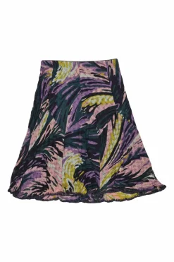 Purple viscose fully-fashioned pointelle abstract warp knit scoop neck top and flared mini skirt set