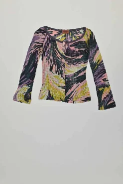 Purple viscose fully-fashioned pointelle abstract warp knit scoop neck top and flared mini skirt set