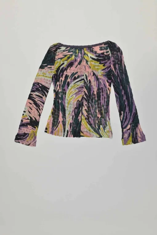 Purple viscose fully-fashioned pointelle abstract warp knit scoop neck top and flared mini skirt set
