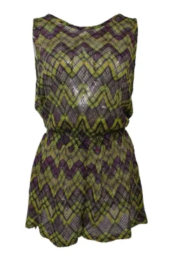 Purple wide-gauge viscose-blend glitter chevron knit romper with keyhole back