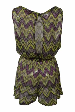 Purple wide-gauge viscose-blend glitter chevron knit romper with keyhole back