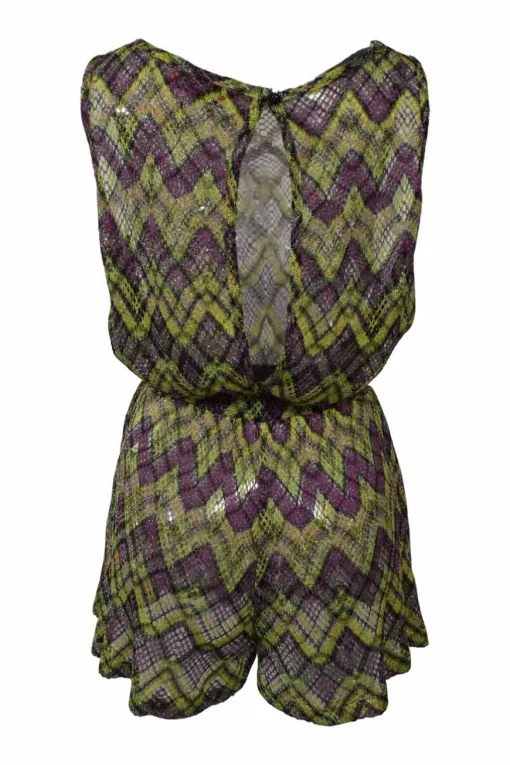 Purple wide-gauge viscose-blend glitter chevron knit romper with keyhole back