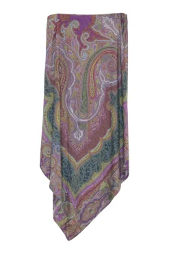 Purple wool fully-fashioned intarsia asymmetric handkerchief midi skirt featuring abstract paisley motif