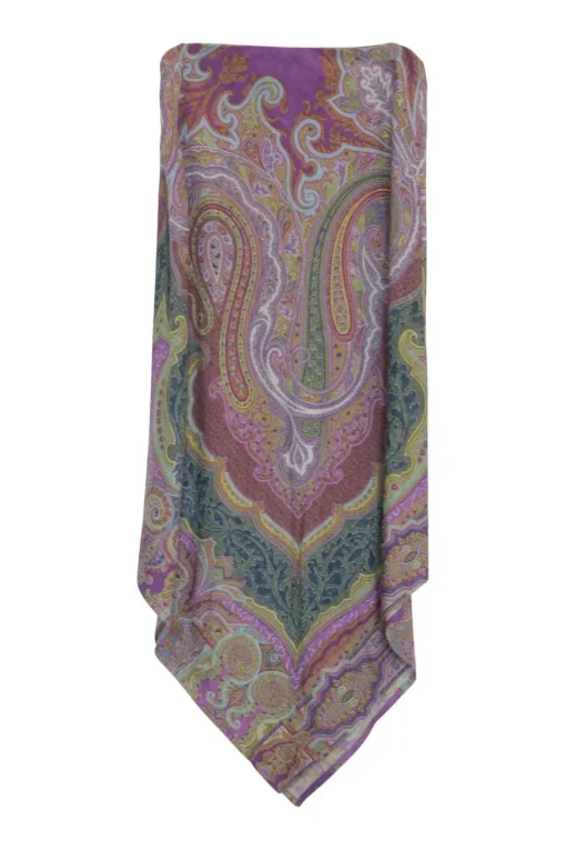 Purple wool fully-fashioned intarsia asymmetric handkerchief midi skirt featuring abstract paisley motif