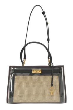 PVC, leather, and canvas Lee Radziwill trapeze handbag with rain cover and detachable shoulder strap