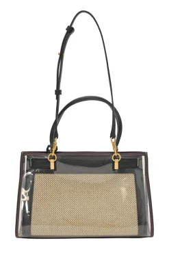 PVC, leather, and canvas Lee Radziwill trapeze handbag with rain cover and detachable shoulder strap