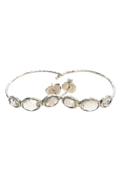 1.5" Silver three-stone rock candy clear quartz hoop earrings