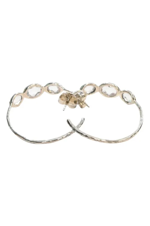 1.5" Silver three-stone rock candy clear quartz hoop earrings