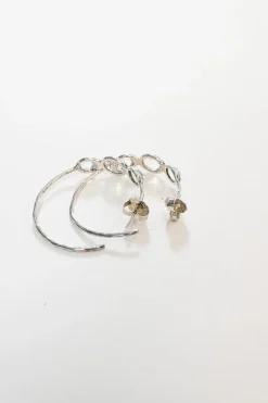 1.5" Silver three-stone rock candy clear quartz hoop earrings