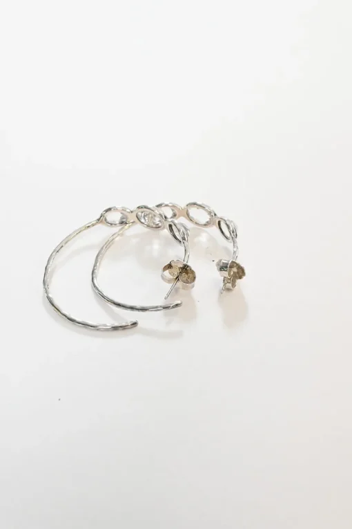 1.5" Silver three-stone rock candy clear quartz hoop earrings