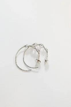 1.5" Silver three-stone rock candy clear quartz hoop earrings