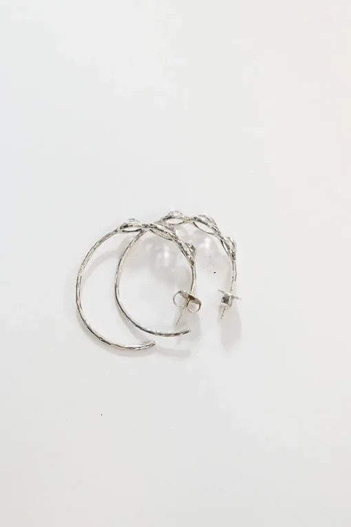 1.5" Silver three-stone rock candy clear quartz hoop earrings