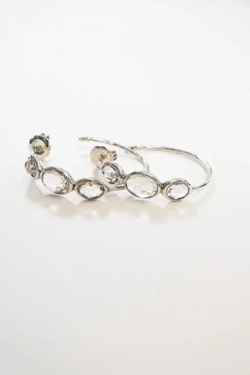 1.5" Silver three-stone rock candy clear quartz hoop earrings