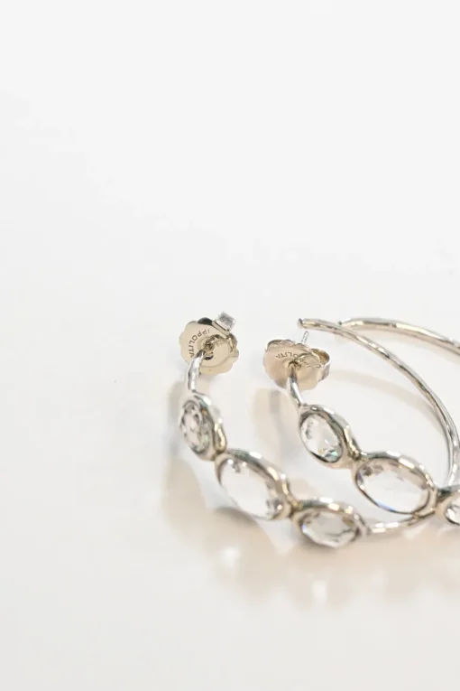 1.5" Silver three-stone rock candy clear quartz hoop earrings