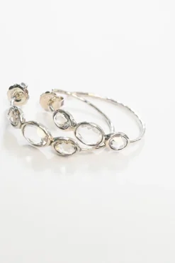 1.5" Silver three-stone rock candy clear quartz hoop earrings