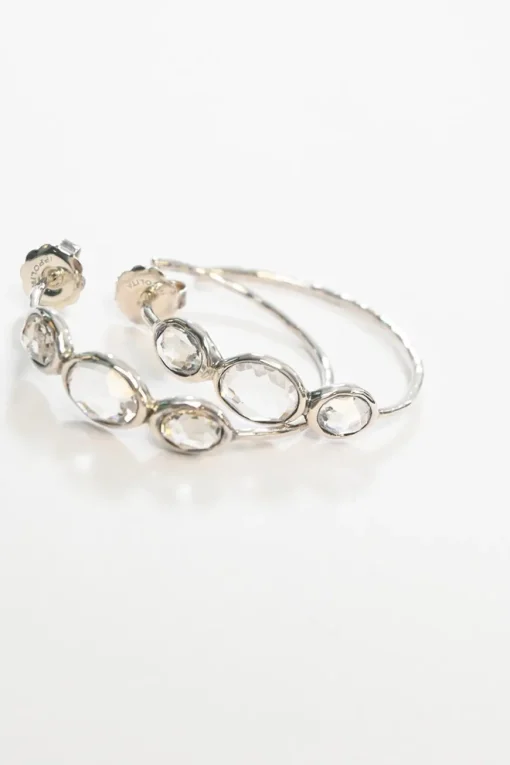 1.5" Silver three-stone rock candy clear quartz hoop earrings