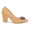 Raffia pointed-toe Pierrot block heel pumps featuring wooden vamp pebble appliqué