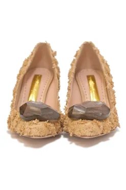 Raffia pointed-toe Pierrot block heel pumps featuring wooden vamp pebble appliqué
