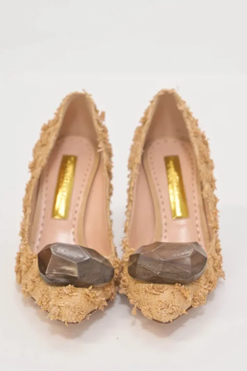 Raffia pointed-toe Pierrot block heel pumps featuring wooden vamp pebble appliqué