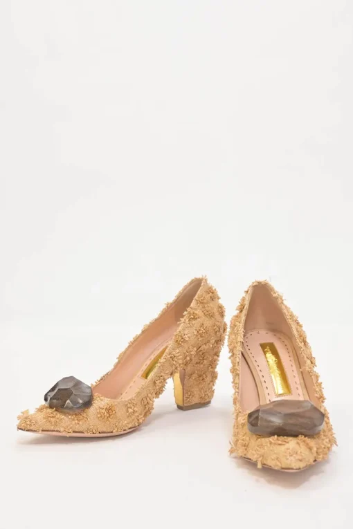 Raffia pointed-toe Pierrot block heel pumps featuring wooden vamp pebble appliqué