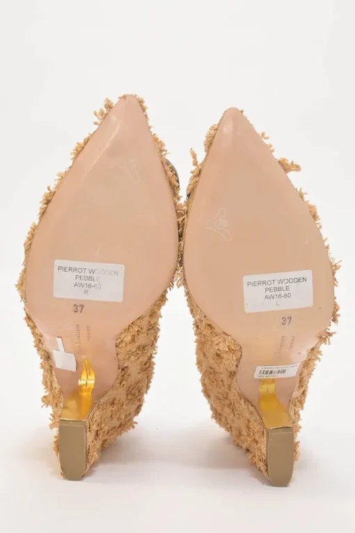 Raffia pointed-toe Pierrot block heel pumps featuring wooden vamp pebble appliqué