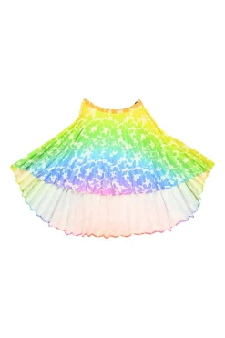 Rainbow cotton-silk floral print plissé circle skirt with high-low hem
