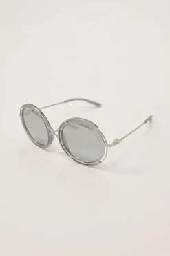 Ralph Lauren grey round sunglasses with metallic rims and temples