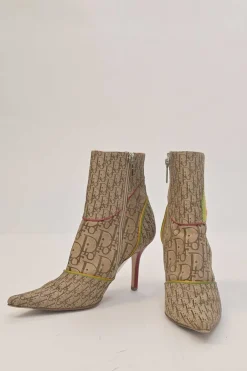 Rasta Collection camel Oblique jacquard fabric and leather pointed-toe zip-up ankle boots with bi-colour piping details