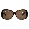 Rectangular tortoise shell acetate sunglasses with brown lenses. Temples have double F signature with two tone crystals