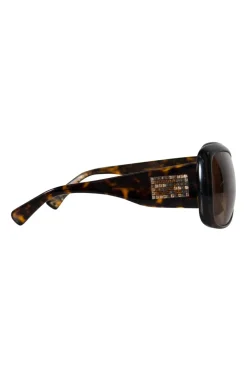Rectangular tortoise shell acetate sunglasses with brown lenses. Temples have double F signature with two tone crystals