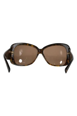 Rectangular tortoise shell acetate sunglasses with brown lenses. Temples have double F signature with two tone crystals