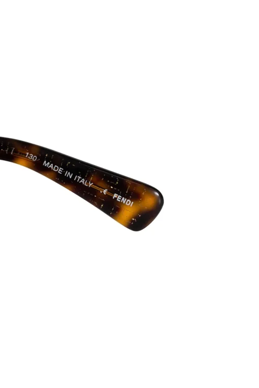 Rectangular tortoise shell acetate sunglasses with brown lenses. Temples have double F signature with two tone crystals