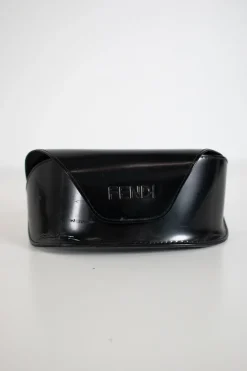 Rectangular tortoise shell acetate sunglasses with brown lenses. Temples have double F signature with two tone crystals