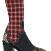 Red and black check fabric and paneled leather and python skin pull-on mid-calf Western block heel sock boots