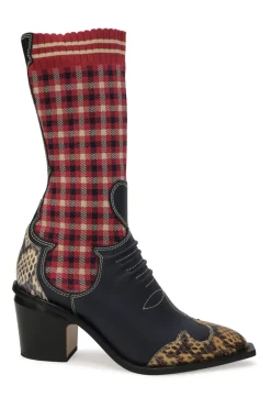 Red and black check fabric and paneled leather and python skin pull-on mid-calf Western block heel sock boots