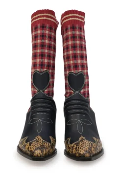 Red and black check fabric and paneled leather and python skin pull-on mid-calf Western block heel sock boots