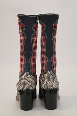 Red and black check fabric and paneled leather and python skin pull-on mid-calf Western block heel sock boots
