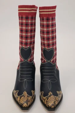 Red and black check fabric and paneled leather and python skin pull-on mid-calf Western block heel sock boots