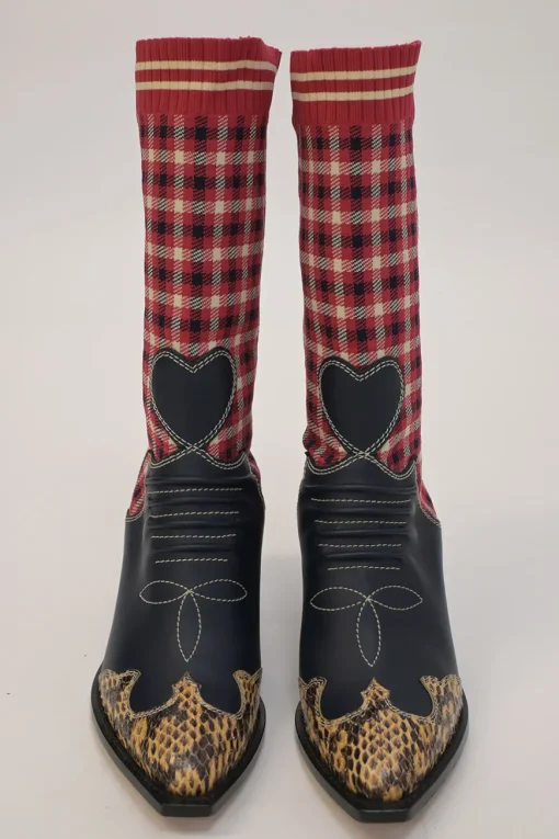 Red and black check fabric and paneled leather and python skin pull-on mid-calf Western block heel sock boots