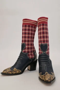 Red and black check fabric and paneled leather and python skin pull-on mid-calf Western block heel sock boots