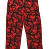 Red and black silk floral print button-front shirt and trouser lounge set