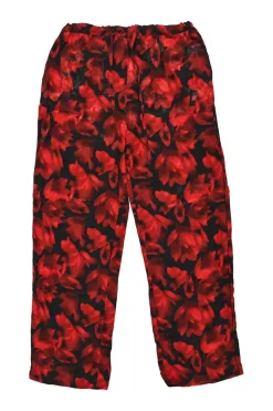 Red and black silk floral print button-front shirt and trouser lounge set