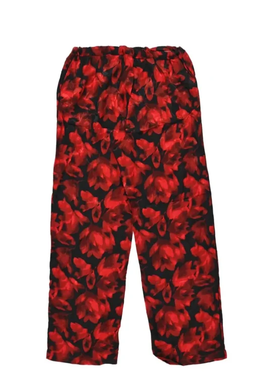 Red and black silk floral print button-front shirt and trouser lounge set