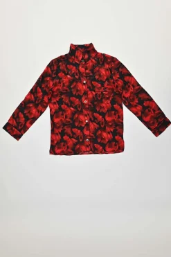 Red and black silk floral print button-front shirt and trouser lounge set