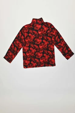 Red and black silk floral print button-front shirt and trouser lounge set
