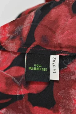 Red and black silk floral print button-front shirt and trouser lounge set
