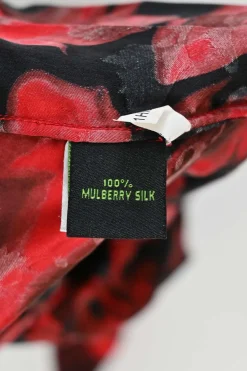 Red and black silk floral print button-front shirt and trouser lounge set